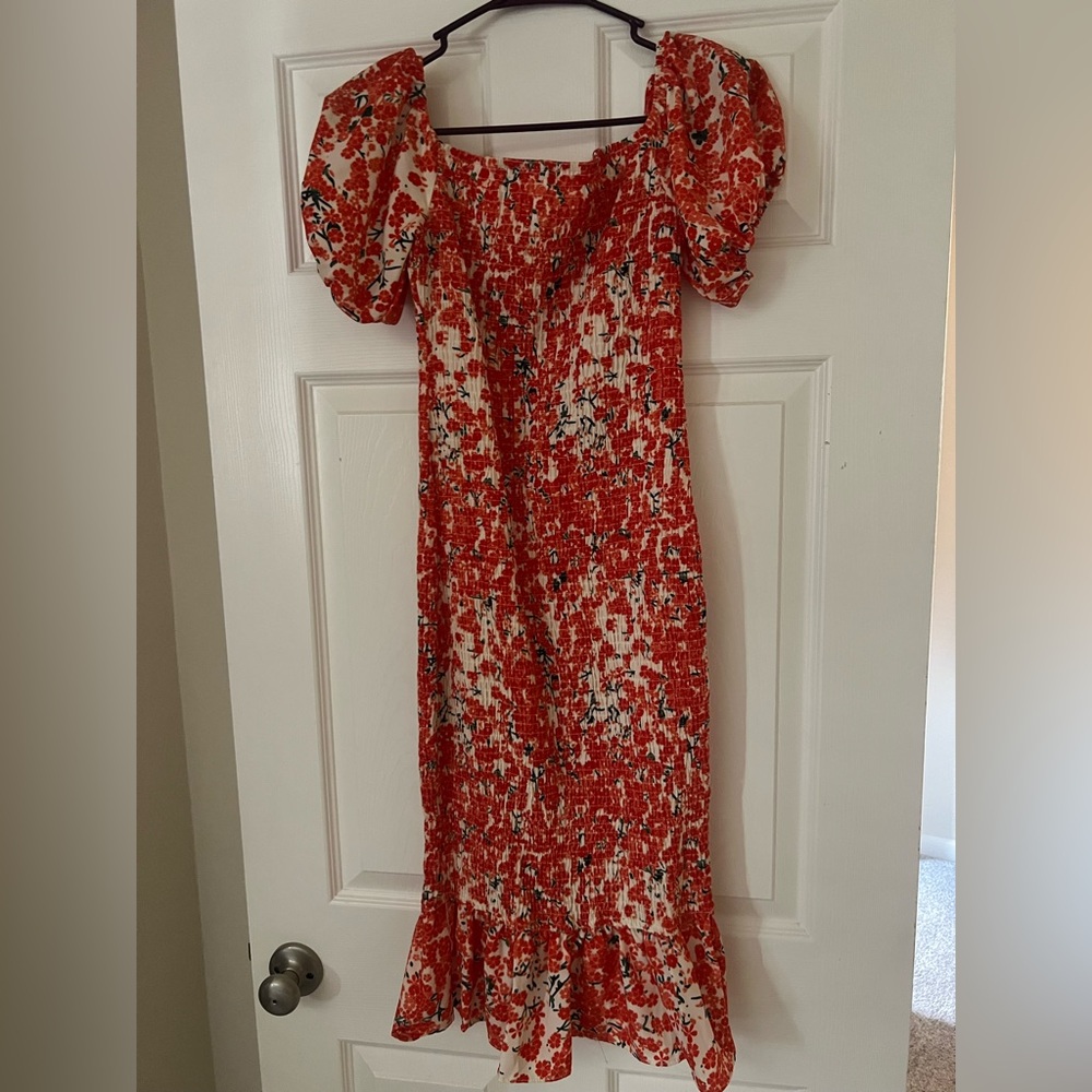 Hello Molly orange and White Floral Midi Dress